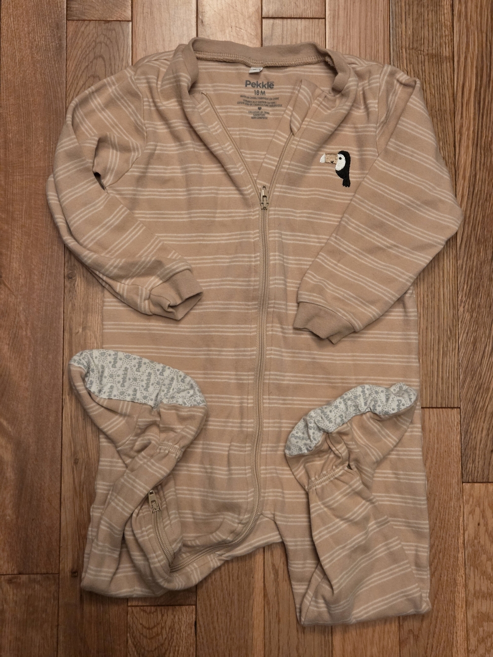 5/$20 Pekkle 18M Tan Striped Toucan Footed Onsie Zip Up Sleeper Pajamas - Picture 3 of 4